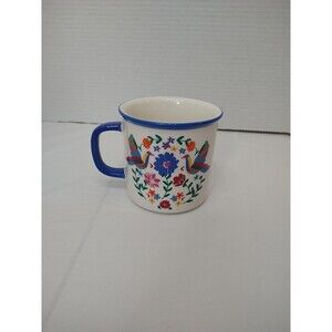 Bird Flowers Coffee Mug Tea Cup Double Sided Ceramic Colorful Whimsical Blue Rim